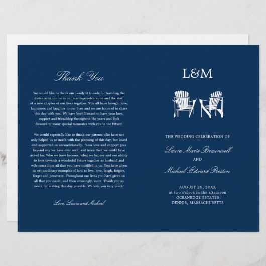 Adirondack Beach Chairs Navy Blue Wedding Program (Vorne/Hinten)