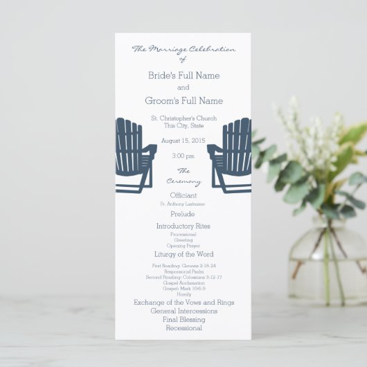 Adirondack Chairs Blue Beach Wedding Program Programm (Stehend Vorderseite)