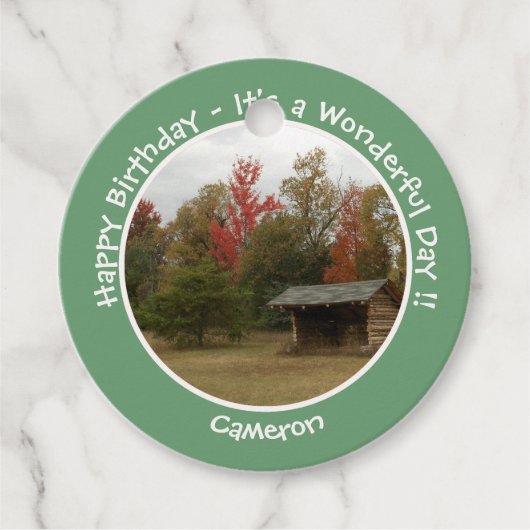Adirondack Lean to im Herbst Artikel der Geburtsta Geschenkanhänger (Vorderseite)