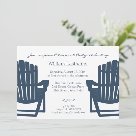 Adirondack Navy Blue Beach Chairs Retirement Party Einladung (Stehend Vorderseite)
