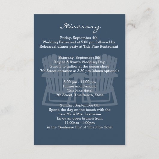 Adirondack Stairs Navy Blue Intinerary Begleitkarte (Vorderseite)