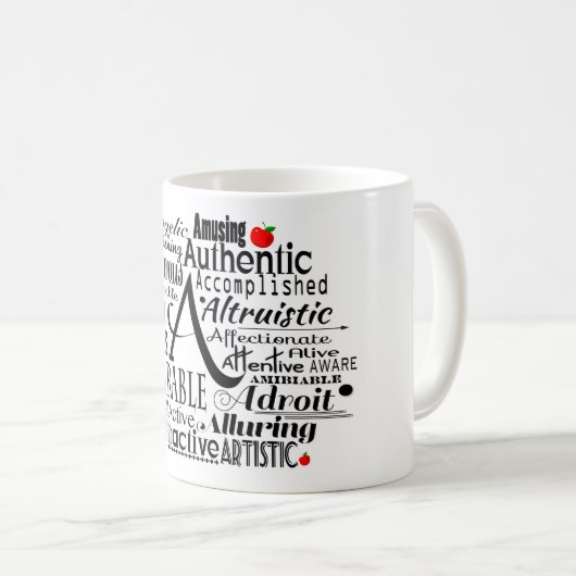 Adjektive Word Cloud beginnt mit Buchstabe A Kaffeetasse (VorderseiteRechts)