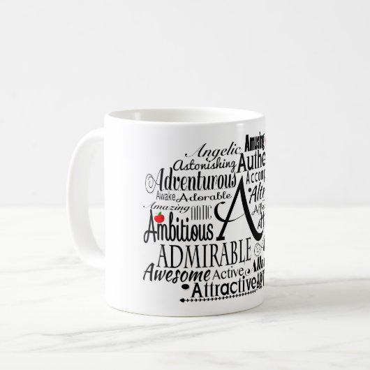 Adjektive Word Cloud beginnt mit Buchstabe A Kaffeetasse (Vorderseite Links)