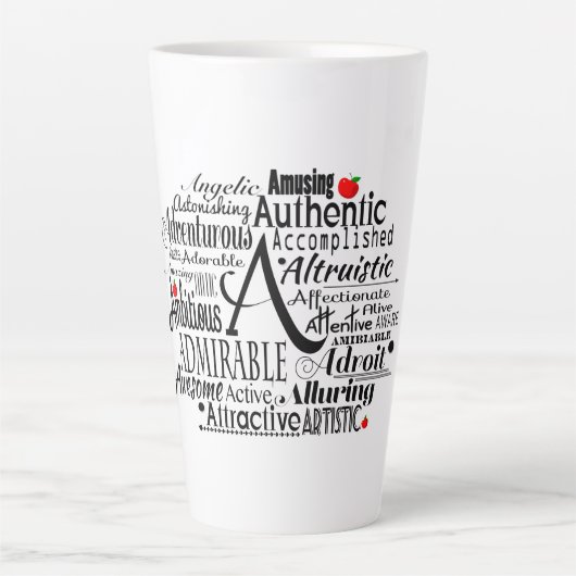Adjektive Word Cloud beginnt mit Buchstabe A Milchtasse (Vorderseite)
