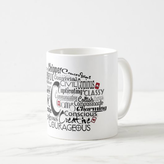Adjektive Word Cloud beginnt mit Buchstabe C Kaffeetasse (VorderseiteRechts)