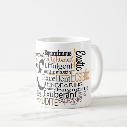 Adjektive Word Cloud beginnt mit Buchstabe E Kaffeetasse (VorderseiteRechts)