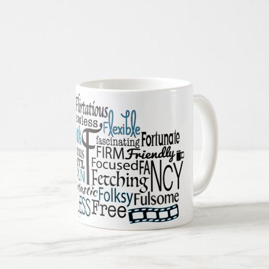 Adjektive Word Cloud beginnt mit Buchstabe F Kaffeetasse (VorderseiteRechts)