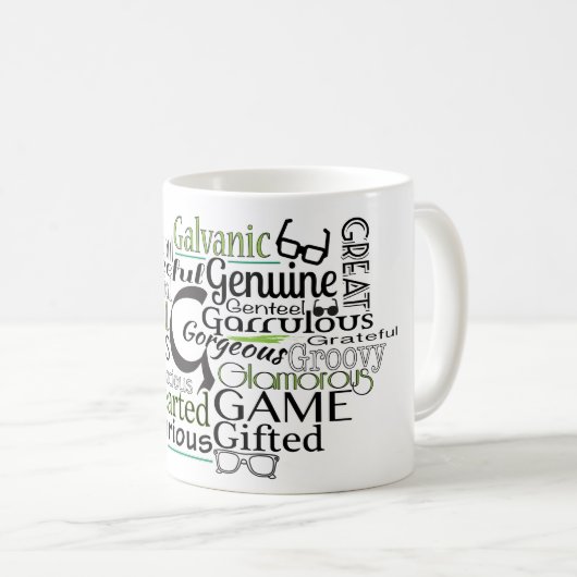 Adjektive Word Cloud beginnt mit Buchstabe G Kaffeetasse (VorderseiteRechts)