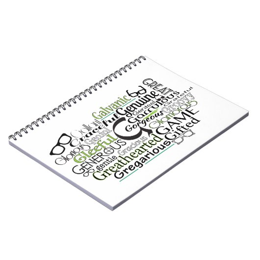 Adjektive Word Cloud beginnt mit Buchstabe G Notizblock (Linke Seite)