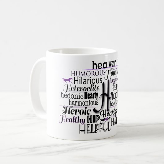 Adjektive Word Cloud beginnt mit Buchstabe H Kaffeetasse (Vorderseite Links)