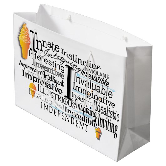 Adjektive Word Cloud beginnt mit Buchstabe I Große Geschenktüte (Rückseite Schrägansicht)