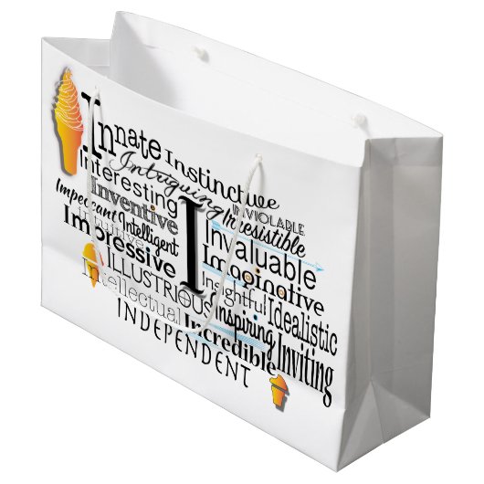 Adjektive Word Cloud beginnt mit Buchstabe I Große Geschenktüte (Vorderseite Schrägansicht)