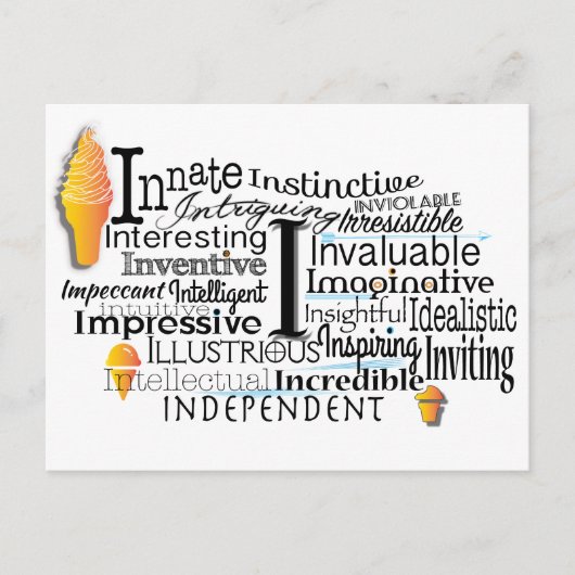 Adjektive Word Cloud beginnt mit Buchstabe I Postkarte (Vorderseite)