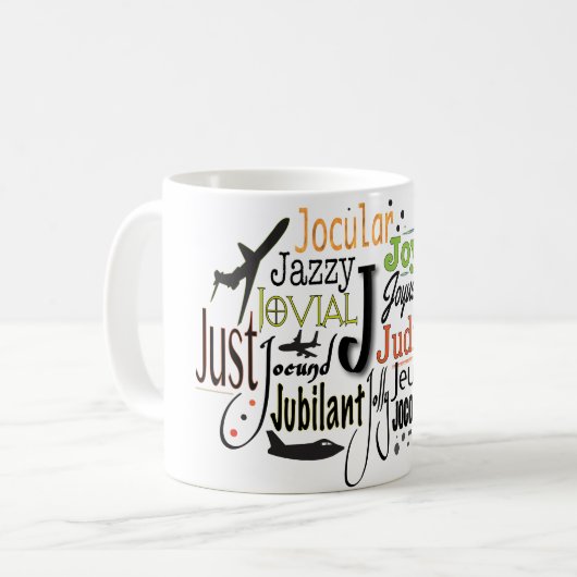 Adjektive Word Cloud beginnt mit Buchstabe J Kaffeetasse (Vorderseite Links)