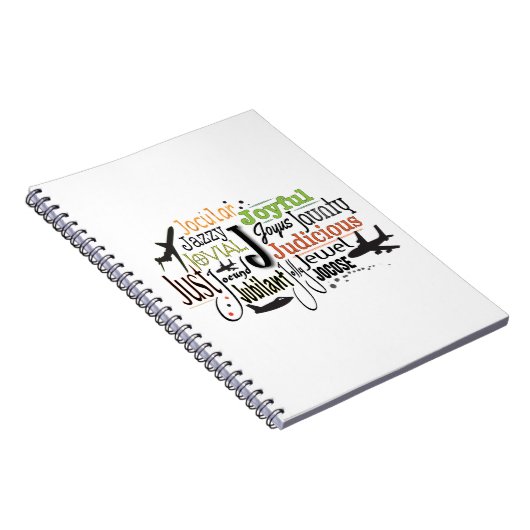 Adjektive Word Cloud beginnt mit Buchstabe J Notizblock (Rechte Seite)