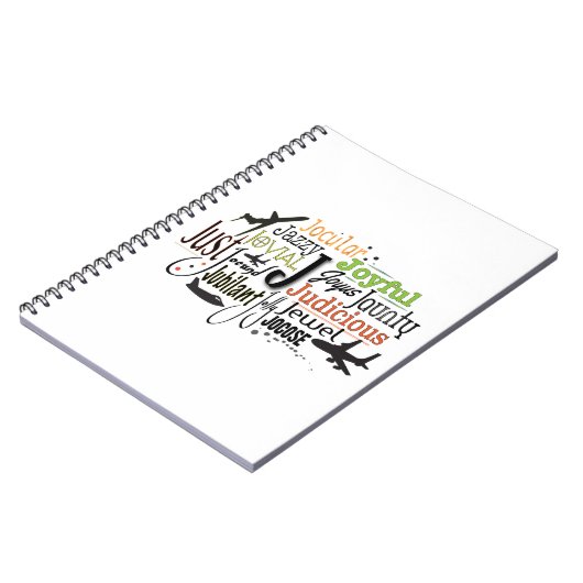 Adjektive Word Cloud beginnt mit Buchstabe J Notizblock (Linke Seite)