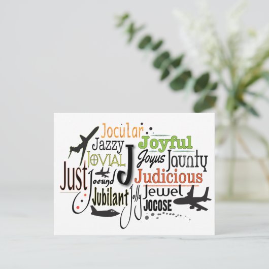 Adjektive Word Cloud beginnt mit Buchstabe J Postkarte (Stehend Vorderseite)