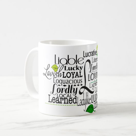Adjektive Word Cloud beginnt mit Buchstabe L Kaffeetasse (Vorderseite Links)