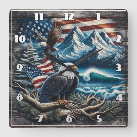 Adler am Zweig in Bergsicht Quadratische Wanduhr (Vorderseite)