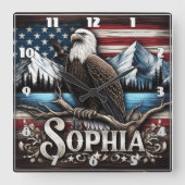 Adler am Zweig mit Bergen und Fahne Quadratische Wanduhr (Vorderseite)