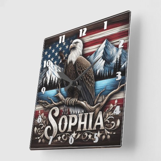 Adler am Zweig mit Bergen und Fahne Quadratische Wanduhr (Winkel)