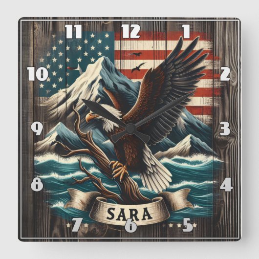 Adler am Zweig mit Bergen und Fahne Quadratische Wanduhr (Vorderseite)