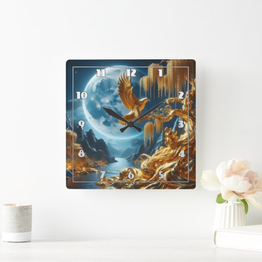 Adler an einem Zweig im Mondlicht Quadratische Wanduhr (Zuhause)