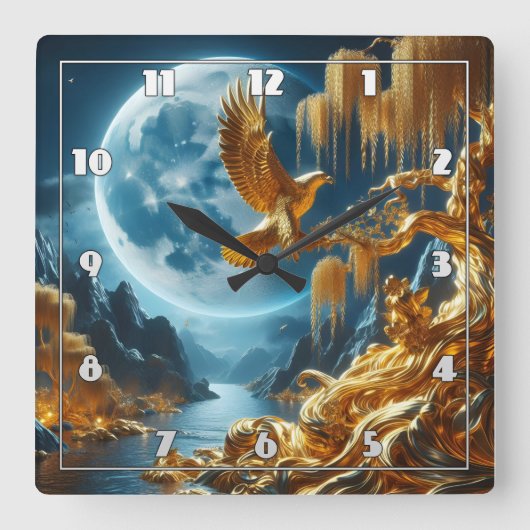 Adler an einem Zweig im Mondlicht Quadratische Wanduhr (Vorderseite)