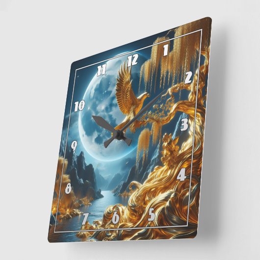 Adler an einem Zweig im Mondlicht Quadratische Wanduhr (Winkel)