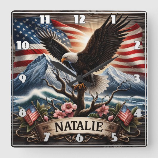 Adler auf Baum mit Hintergrund Quadratische Wanduhr (Vorderseite)