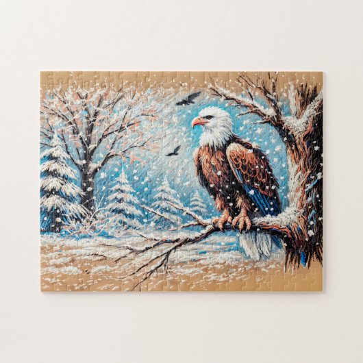 Adler auf Baum während des Schneefalls im Winter Puzzle (Horizontal)