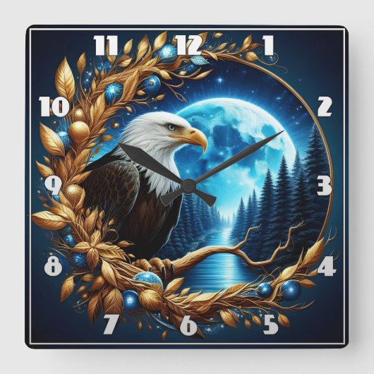 Adler auf Baumzweig unter Mondlicht Quadratische Wanduhr (Vorderseite)