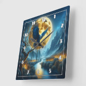 Adler auf Baumzweig unter Vollmondlicht Quadratische Wanduhr (Winkel)