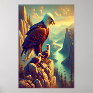 Adler auf dem Felsen mit seinen Babys Poster