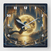 Adler auf dem Zweig am Vollmondlichtsee Quadratische Wanduhr (Vorderseite)