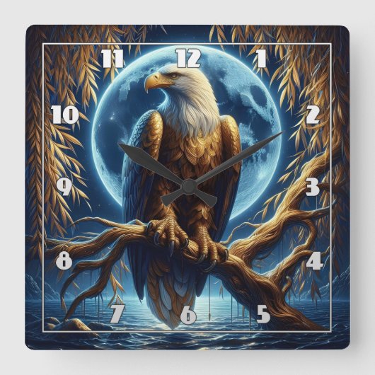 Adler auf dem Zweig unter Vollmond Quadratische Wanduhr (Vorderseite)