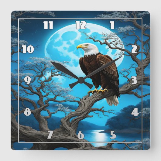 Adler auf einem Zweig unter Vollmond Quadratische Wanduhr (Vorderseite)