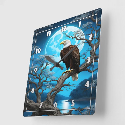 Adler auf einem Zweig unter Vollmond Quadratische Wanduhr (Winkel)