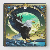 Adler auf Felsen mit mondbeleuchtetem Hintergrund Quadratische Wanduhr (Vorderseite)