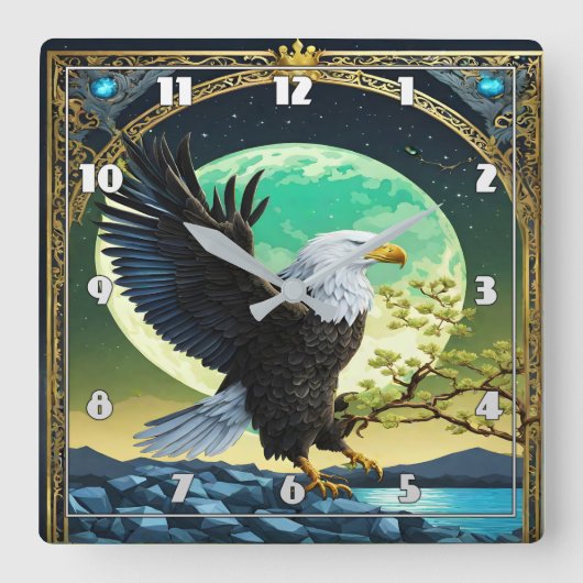 Adler auf Felsen mit mondbeleuchtetem Hintergrund Quadratische Wanduhr (Vorderseite)