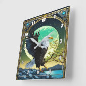 Adler auf Felsen mit mondbeleuchtetem Hintergrund Quadratische Wanduhr (Winkel)