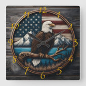 Adler auf Zweig, amerikanische Flagge Quadratische Wanduhr (Vorderseite)