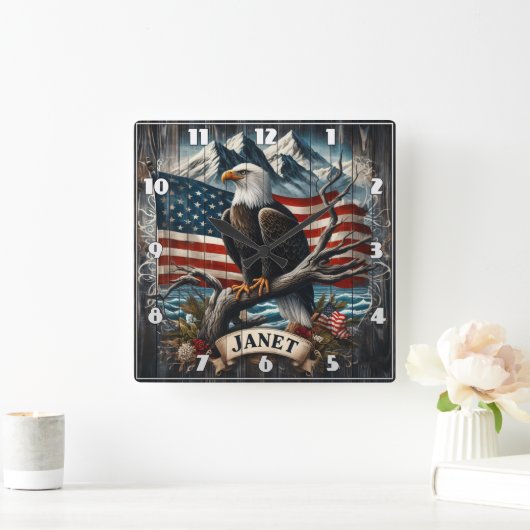 Adler auf Zweig mit Flagge Quadratische Wanduhr (Zuhause)