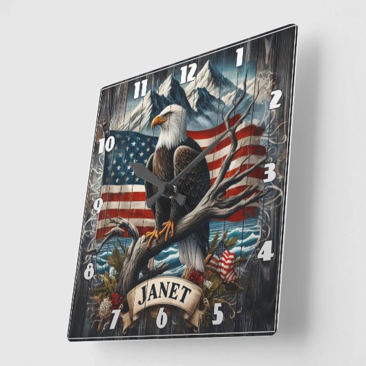 Adler auf Zweig mit Flagge Quadratische Wanduhr (Winkel)