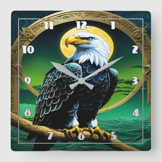 Adler auf Zweig unter dem Moonlit Himmel Quadratische Wanduhr (Vorderseite)