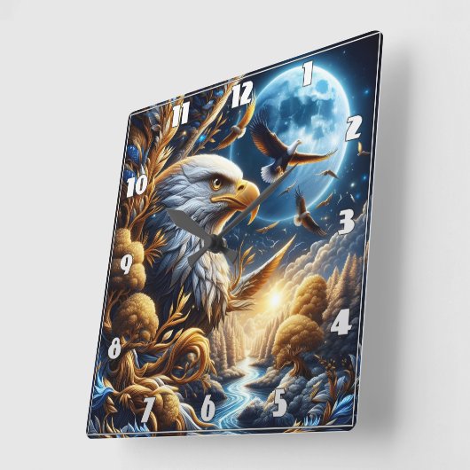 Adler auf Zweig unter dem Moonlit Himmel Quadratische Wanduhr (Winkel)