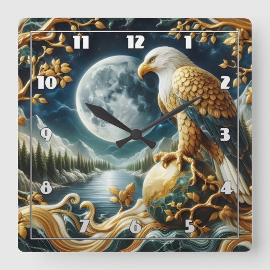 Adler auf Zweig unter Vollmond Quadratische Wanduhr (Vorderseite)