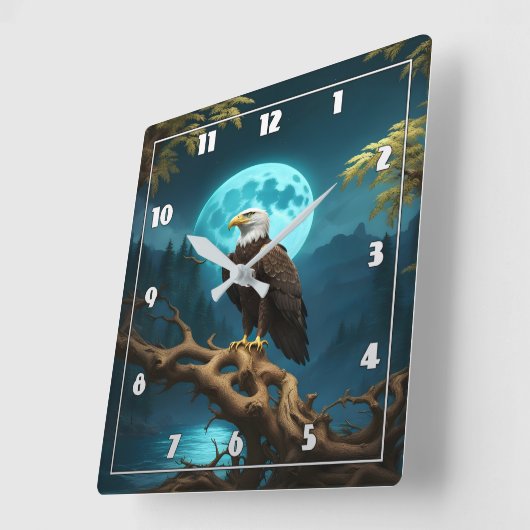Adler auf Zweig unter Vollmond Quadratische Wanduhr (Winkel)