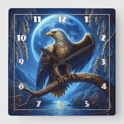 Adler auf Zweig unter Vollmond Quadratische Wanduhr (Vorderseite)
