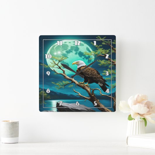 Adler auf Zweig unter Vollmondlicht Quadratische Wanduhr (Zuhause)